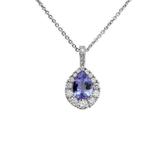 Colgante de lágrima azul y halo. El halo sigue el contorno alargado de la piedra.