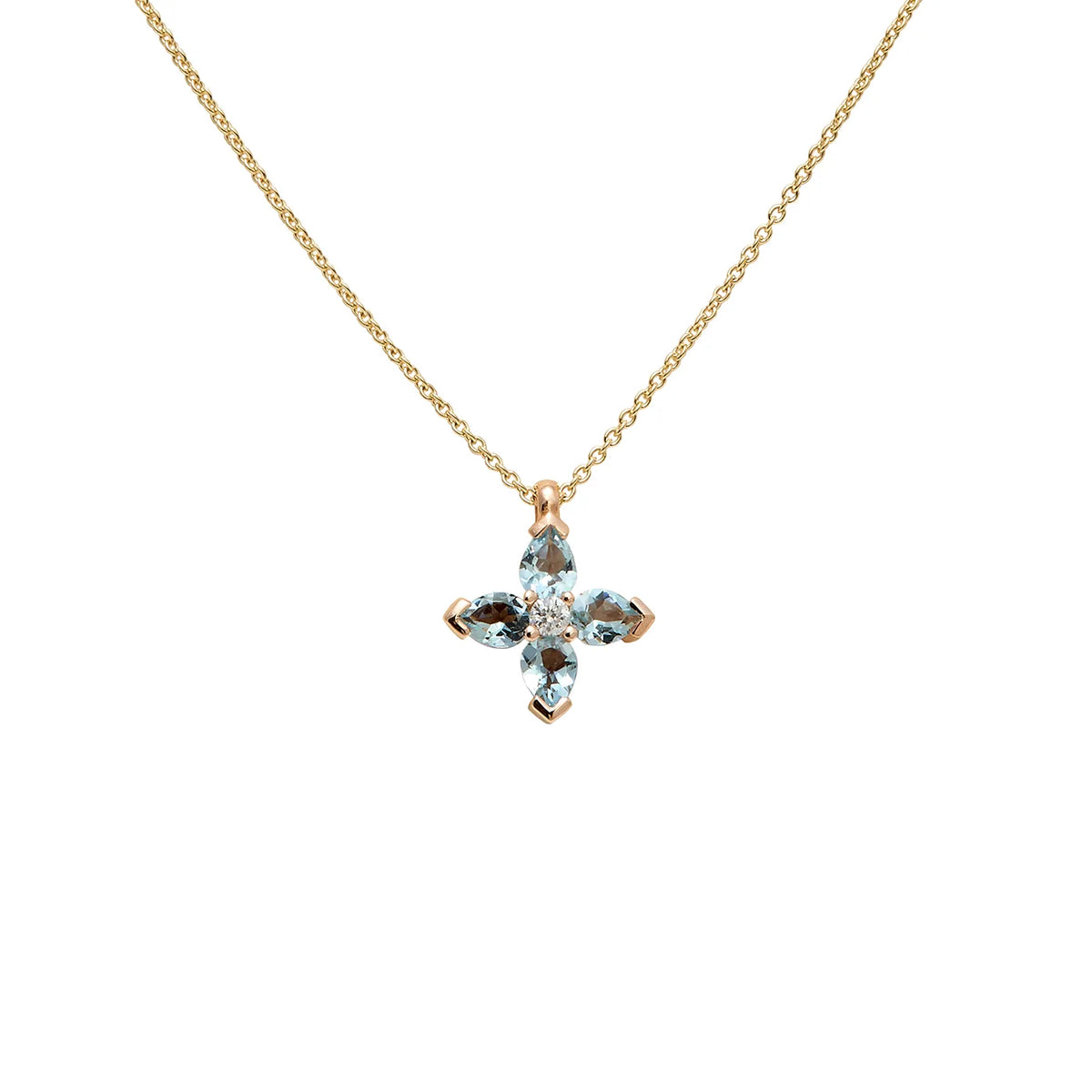 Colgante de cruz con centros de color. Las monturas de tono dorado delimitan los motivos de cada brazo.