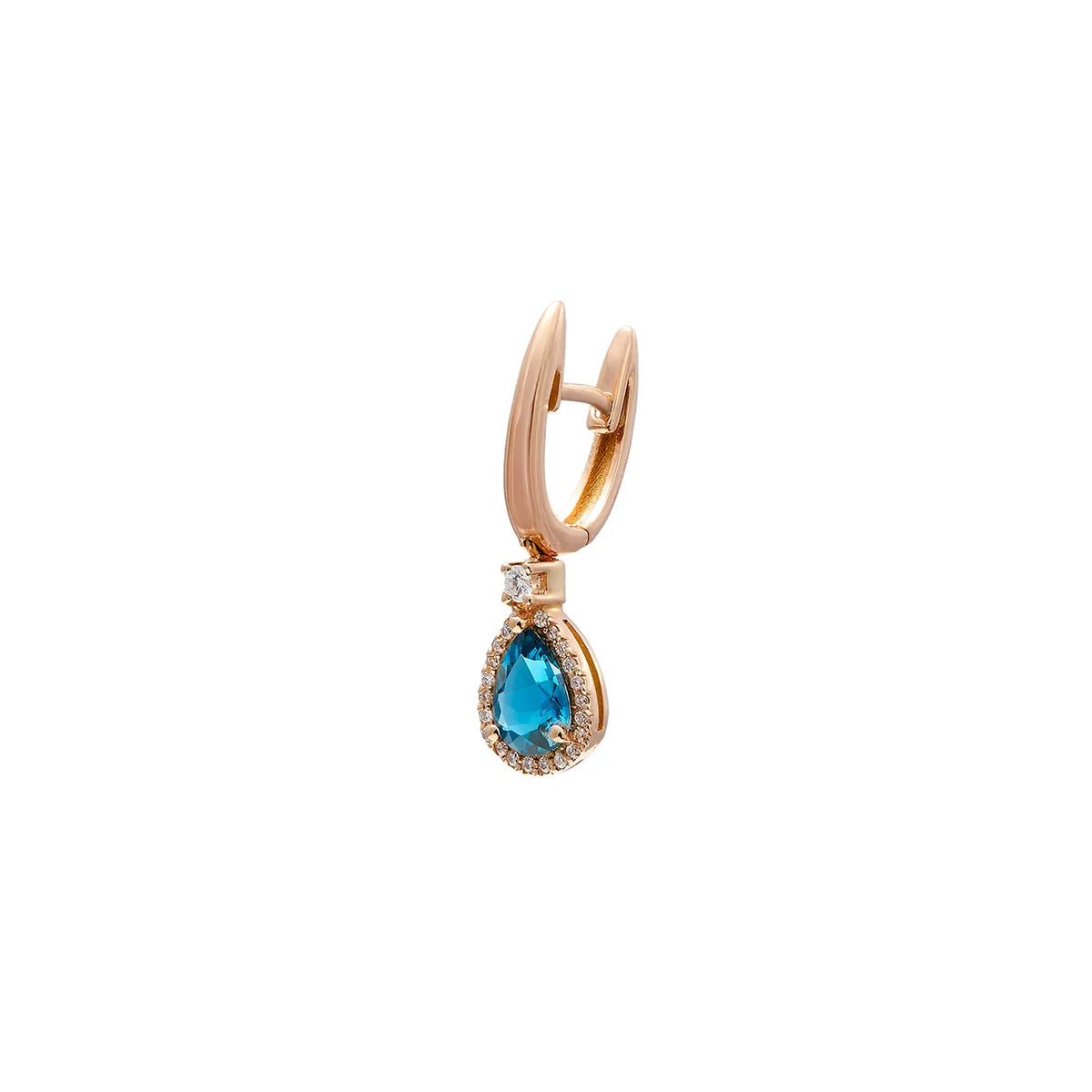 Pendientes de aro dorado y lágrima azul. Un pequeño borde luminoso rodea el centro azul.