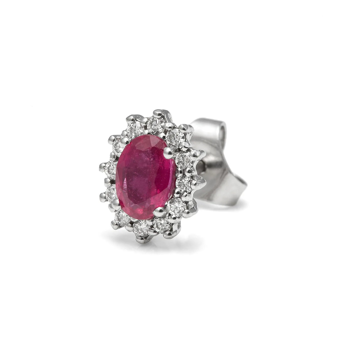 Pendientes de centro rosado y halo. Las piedras incoloras siguen la silueta del motivo central.