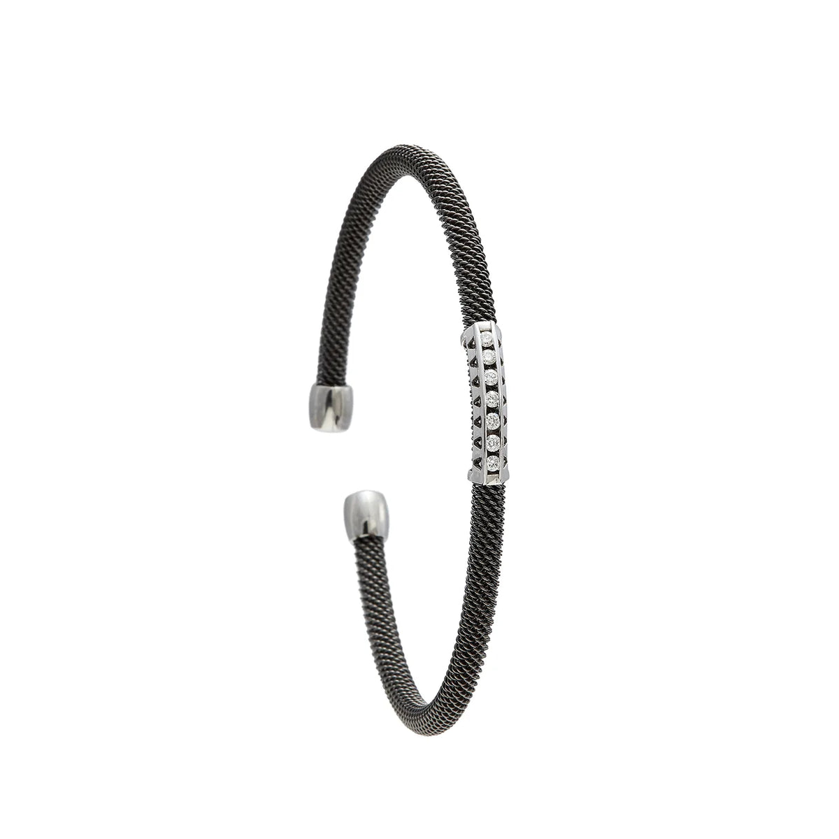Pulsera de acero y oro con hilera de brillantes. Los pequeños centros se presentan en monturas diferenciadas.