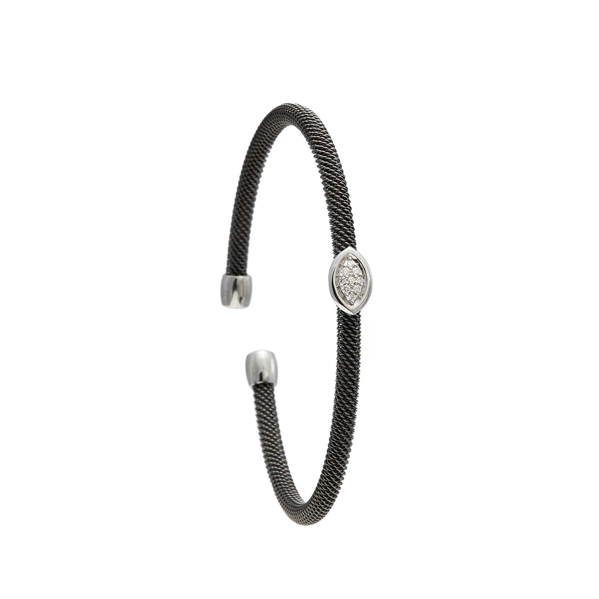 Pulsera de acero y oro con óvalo luminoso. El motivo reúne las pequeñas piedras dentro de un contorno alargado.