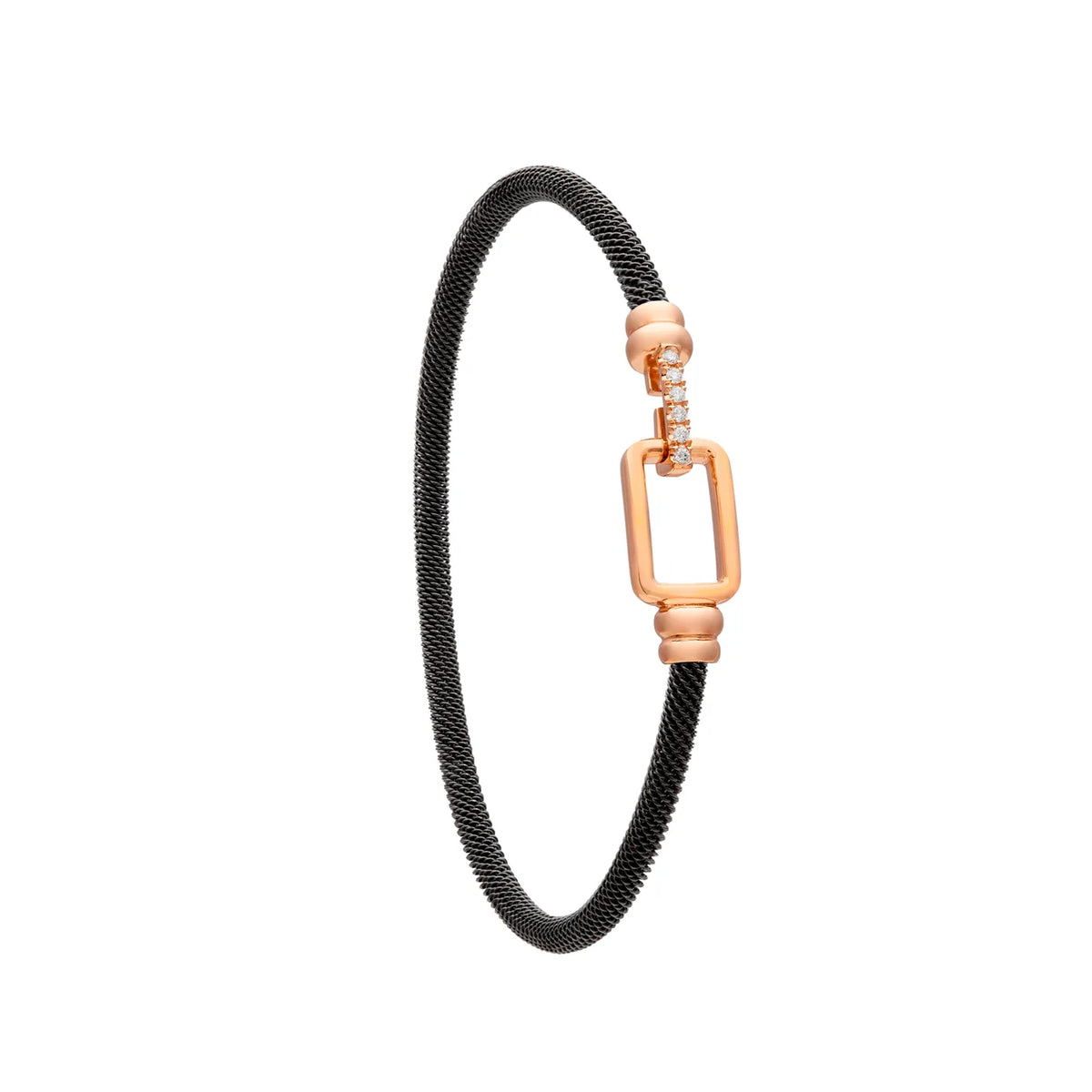 Pulsera de acero y oro de marco rectangular. El centro deja un espacio abierto entre sus bordes lisos.