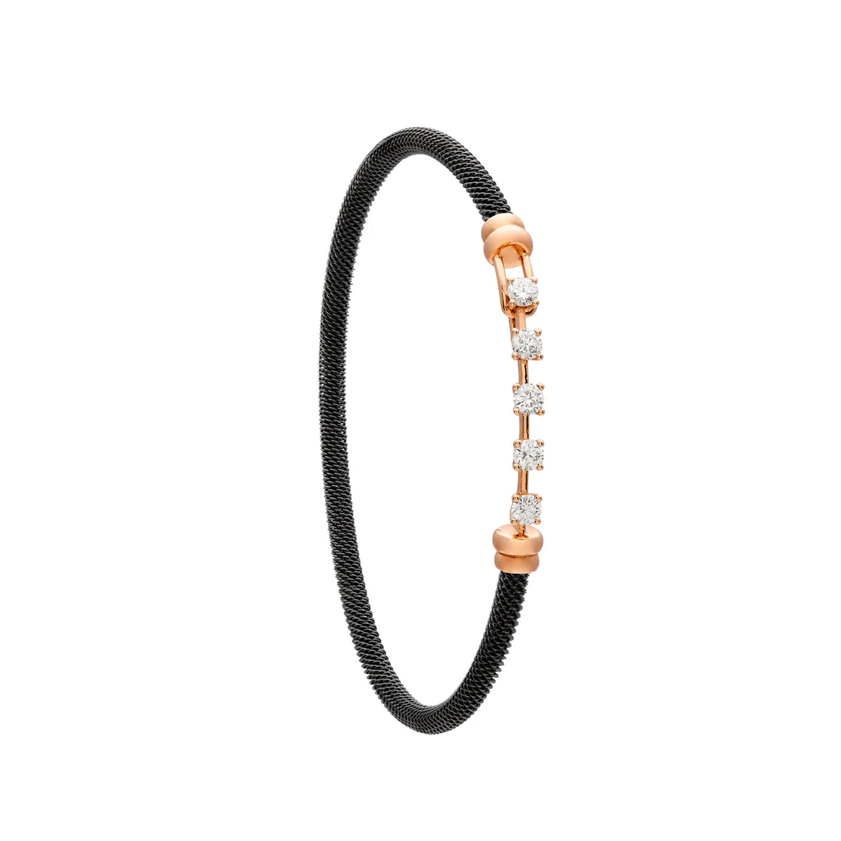 Pulsera de acero y oro con centros de luz. Las monturas dejan distinguir cada motivo de la hilera.