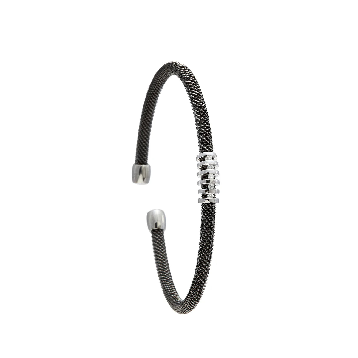 Pulsera de acero y trama luminosa. Los motivos plateados se distribuyen en una franja corta.