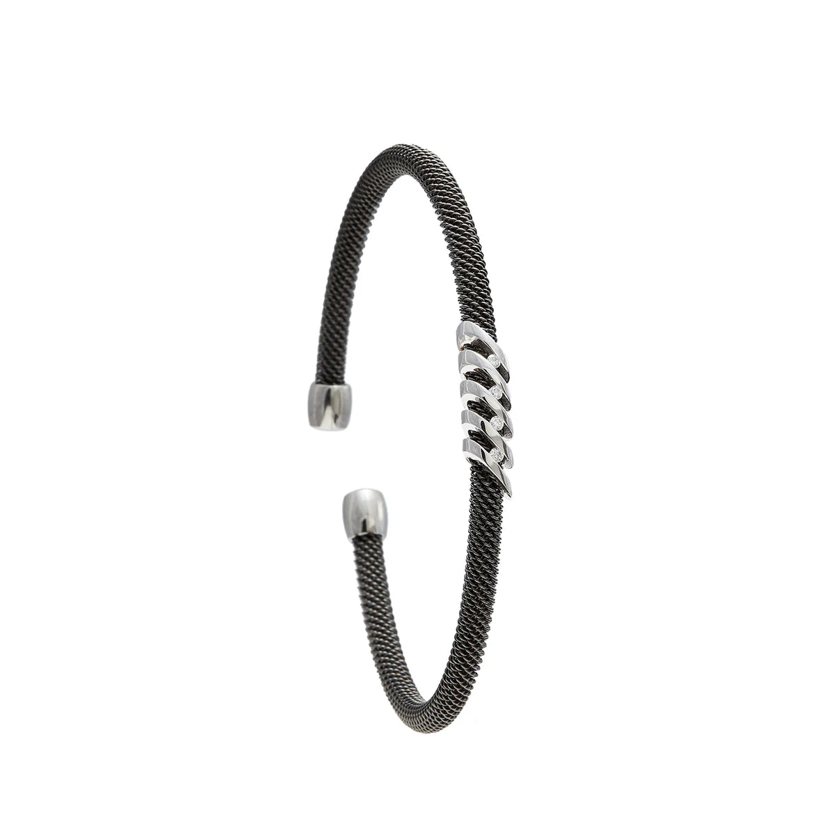 Pulsera de acero y líneas entrelazadas. El motivo frontal combina diagonales y pequeños espacios abiertos.