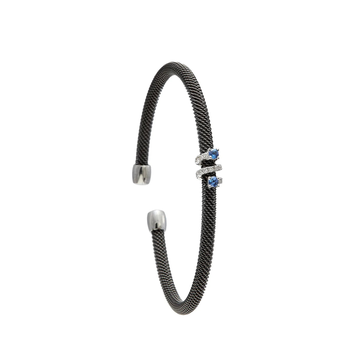 Pulsera de acero con pequeños centros azules. Las monturas del frente dibujan una sucesión vertical.