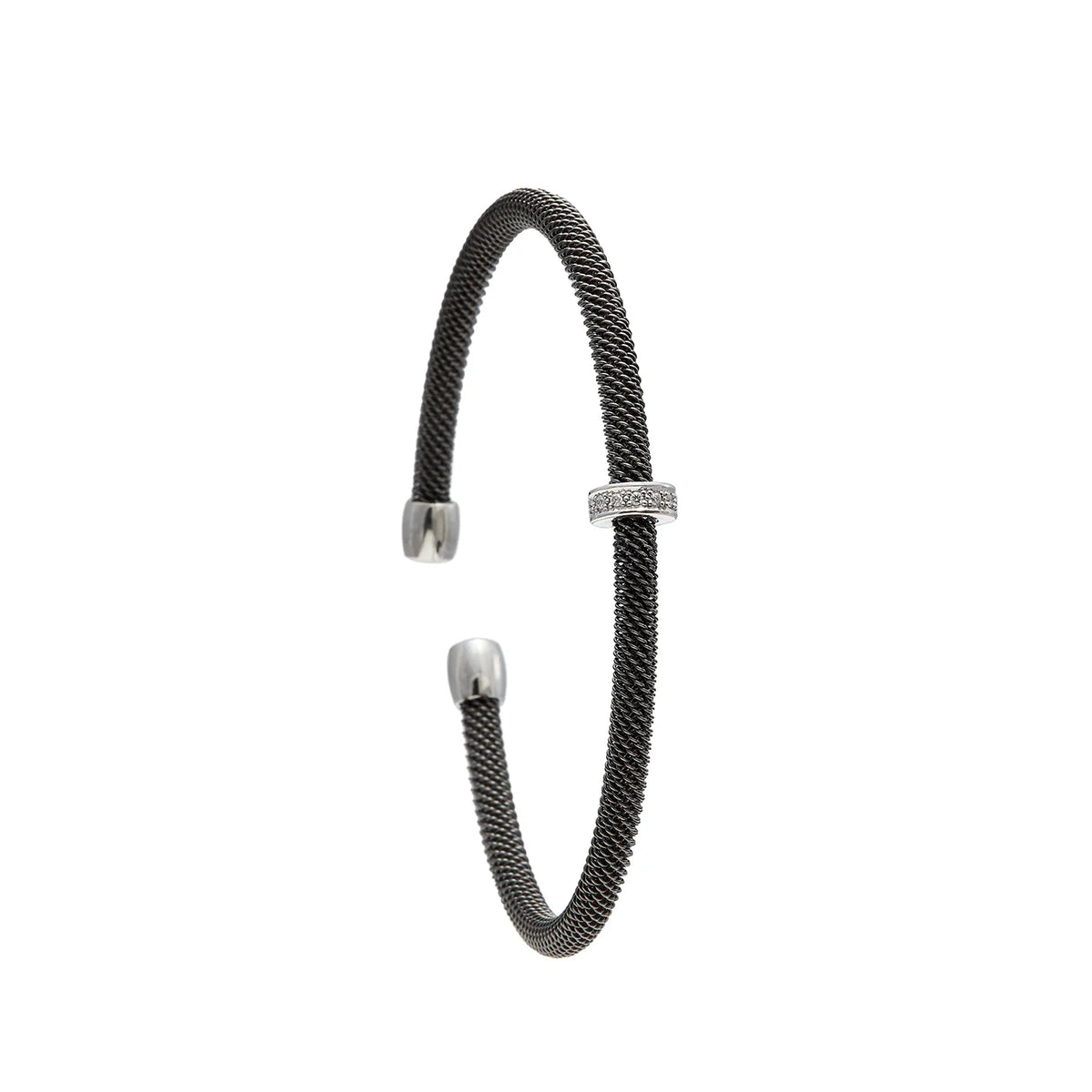 Pulsera de acero y pequeña barra de luz. Las piedras incoloras se alinean dentro del motivo frontal.