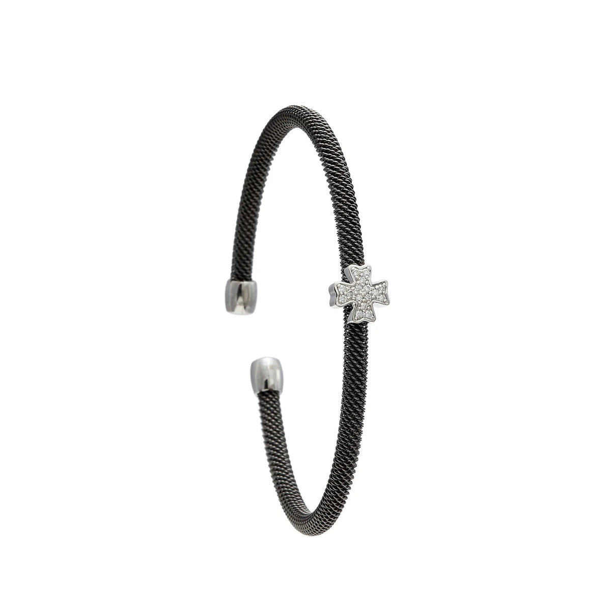 Pulsera de acero con motivo de cruz. Las pequeñas piedras incoloras recorren los brazos del centro.